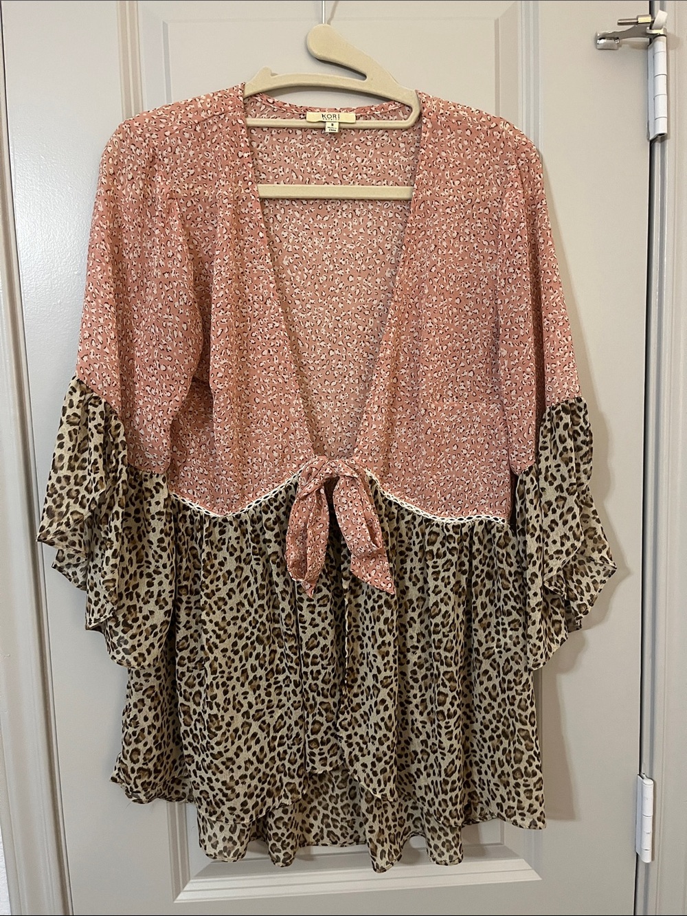 Kori Pink-Tan Mixed Print Tie-Front Tunic